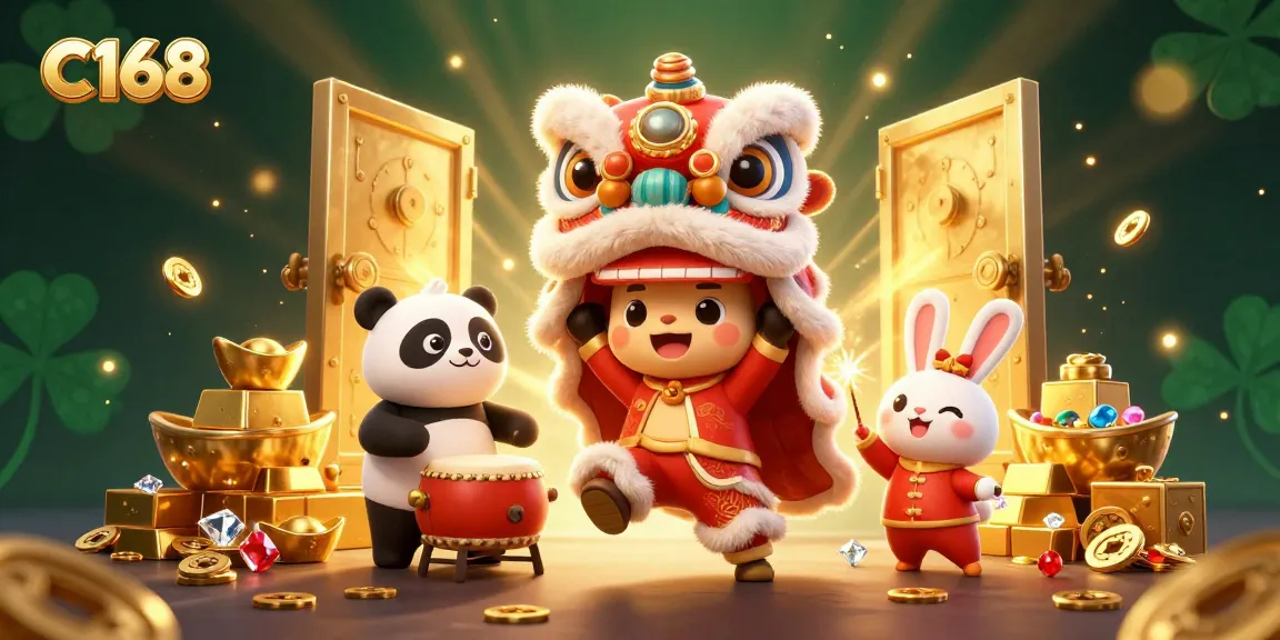 C168 players celebrating with a vibrant lion dance and drumming panda among piles of treasure and festive decorations.