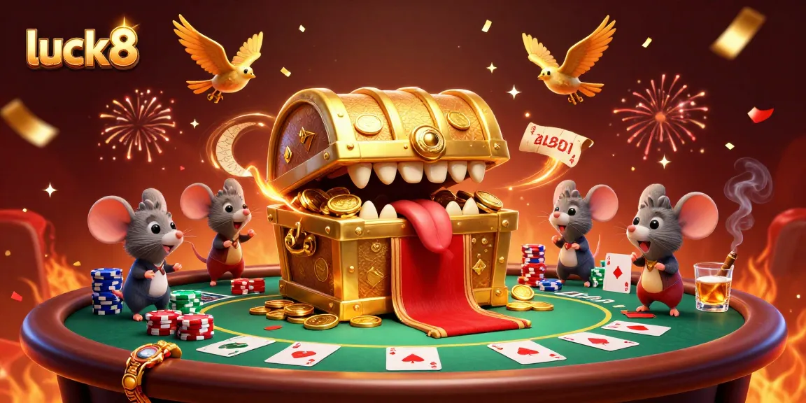 Experience luck8's thrilling gaming scene with gold treasures and dynamic poker elements.