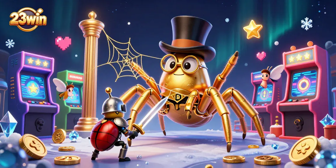 Capture the excitement of 23win with a golden tarantula weaving a web of casino thrills.