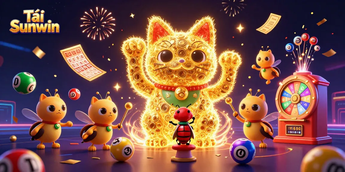 Tải Sunwin with dynamic animations of a lucky cat made of fireflies and colorful lottery elements for casino excitement.