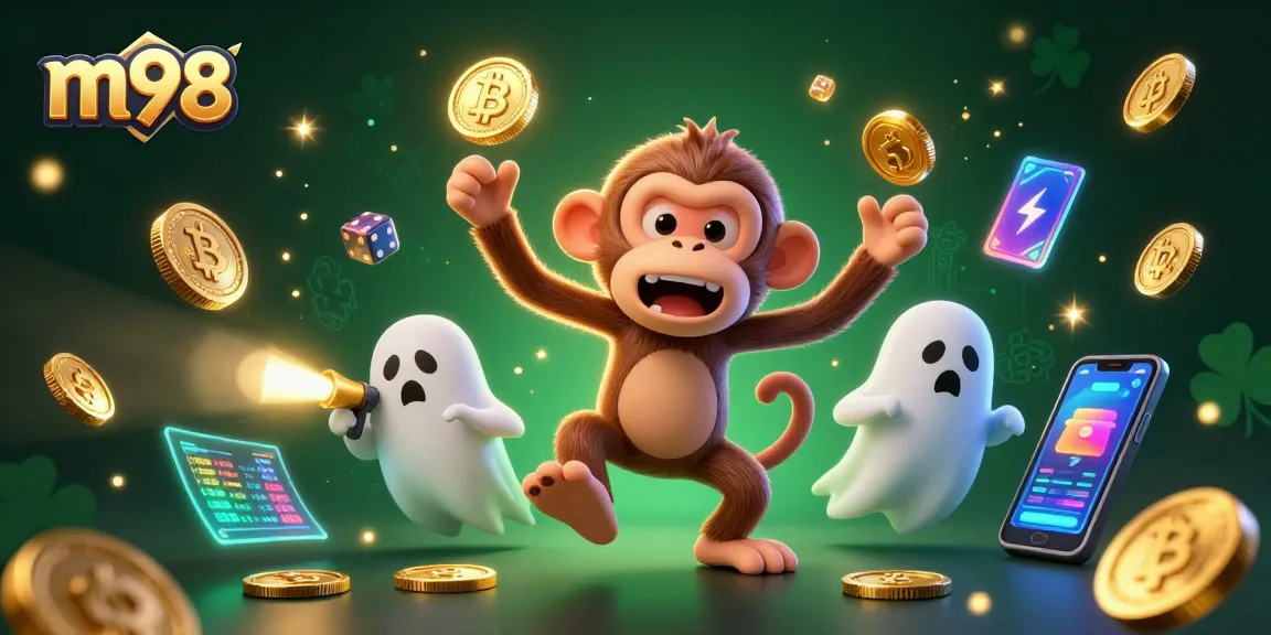 Win with m98 in a haunted casino scene filled with golden tokens and crypto-themed elements.