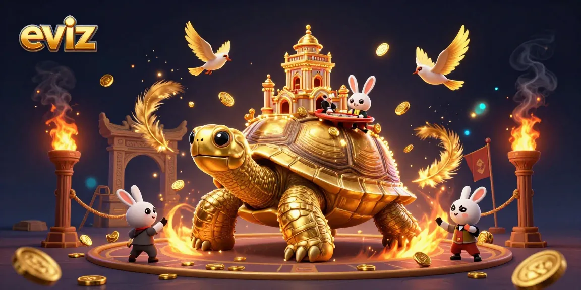 Play at eviz casinos featuring a golden tortoise and rabbit dealer amidst flying coins.