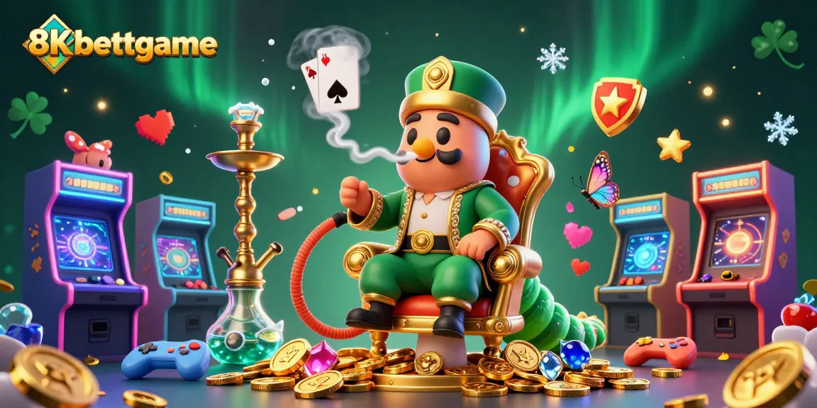 Caterpillar hookah-master at 8xbettgame blowing poker symbols amidst dynamic casino elements.
