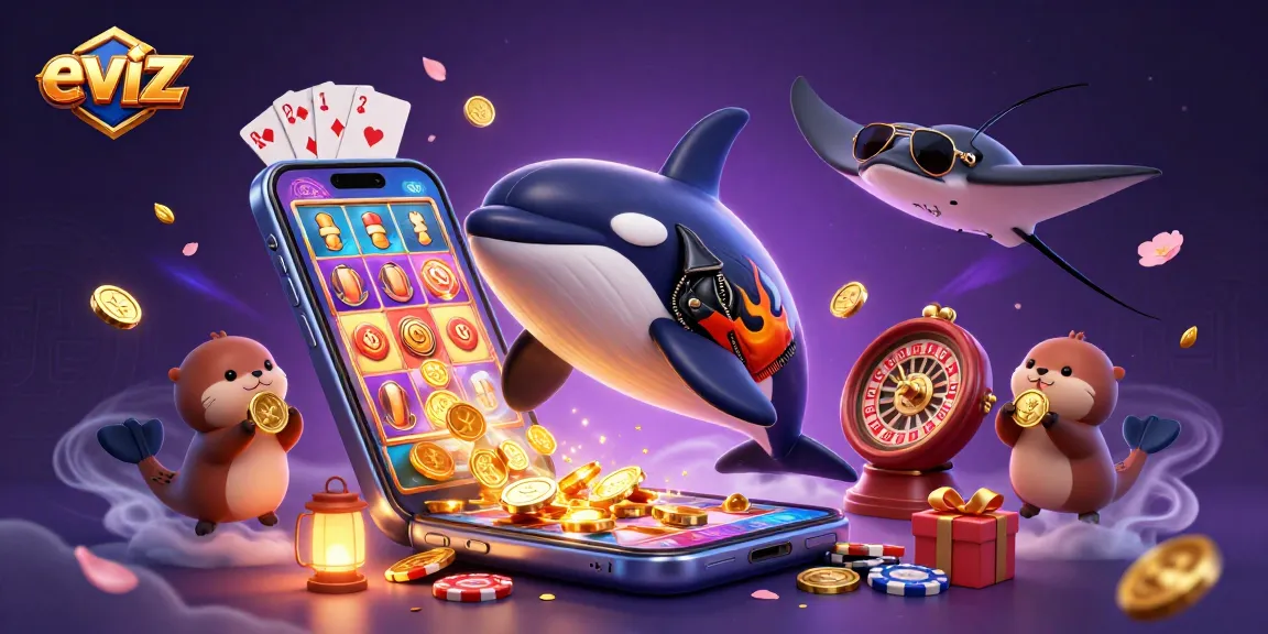 eviz enhances gaming with vibrant orca and stingray characters in a lively casino scene.