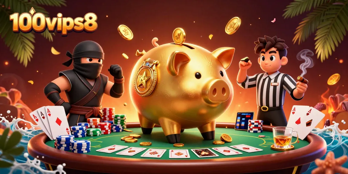 Experience vibrant gaming moments with 100vips8's golden piggy sumo wrestler amidst casino excitement.