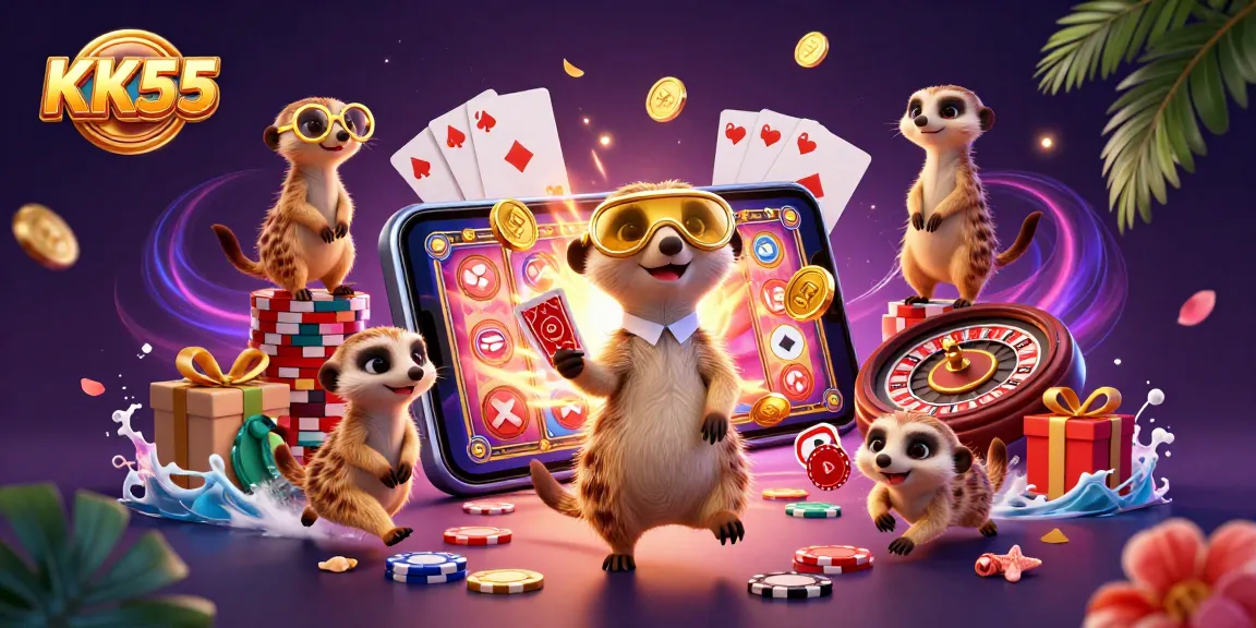KK55 meerkats managing a casino operation with vibrant gaming elements scattered around, showcasing a lively atmosphere.