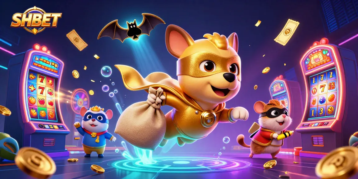 SHBET casino adventure featuring a superhero dog and hamster amidst vibrant slot machines