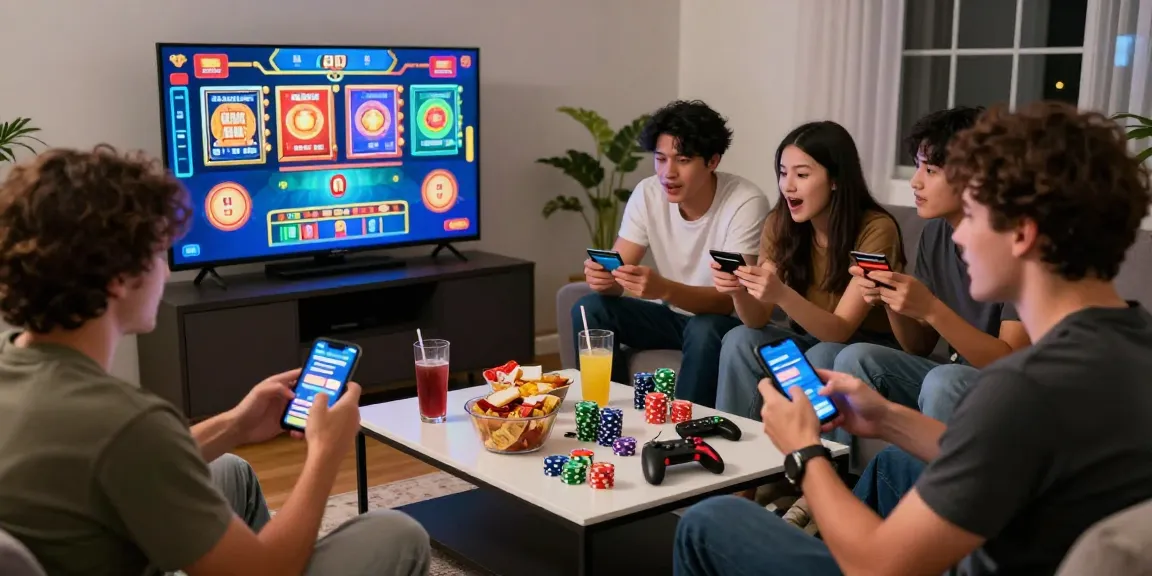 Friends enjoying casino games that accept credit cards, displaying excitement and camaraderie in a lively home environment.
