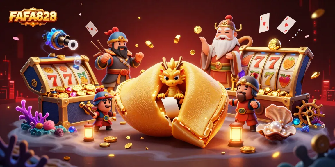 FAFA828 unveils thrilling slot reels, surrounded by magical characters and gold treasures in a vibrant scene.