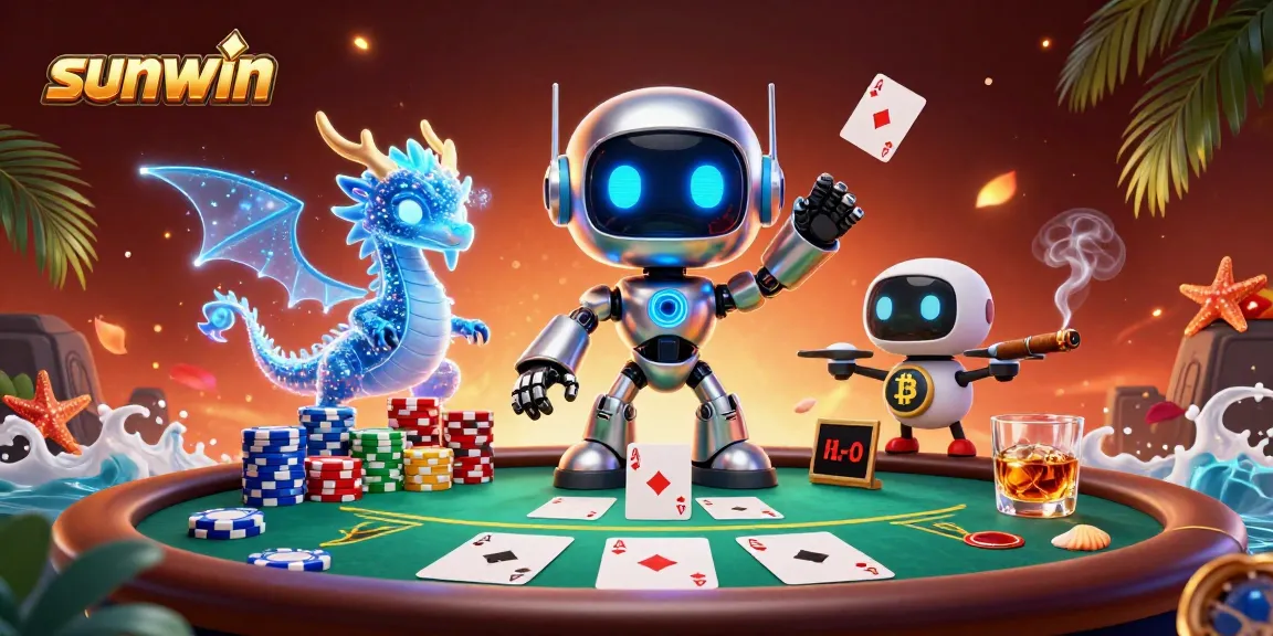 Engage with sunwin's exciting poker scene featuring cartoon robots, chips, and neon effects in an animated 3D world.