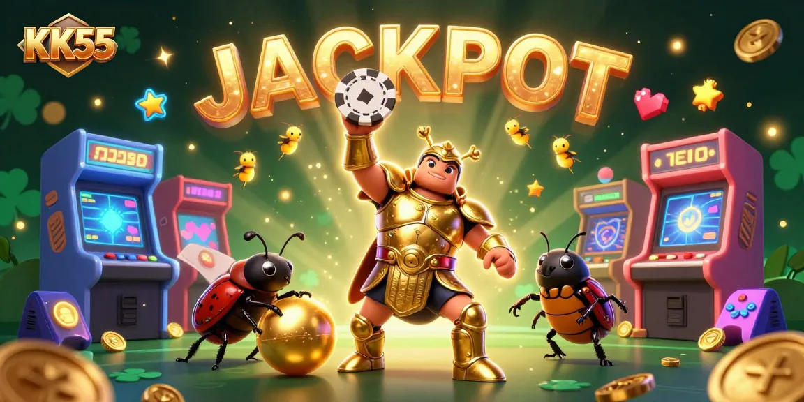 Experience the excitement of KK55 as a victorious beetle celebrates with casino jackpots and glowing games.