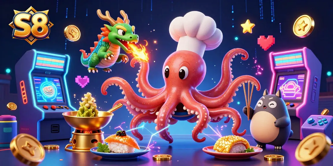 S8 showcases vibrant gaming action with a sushi chef octopus, dragon, and tanuki in a dynamic casino scene.