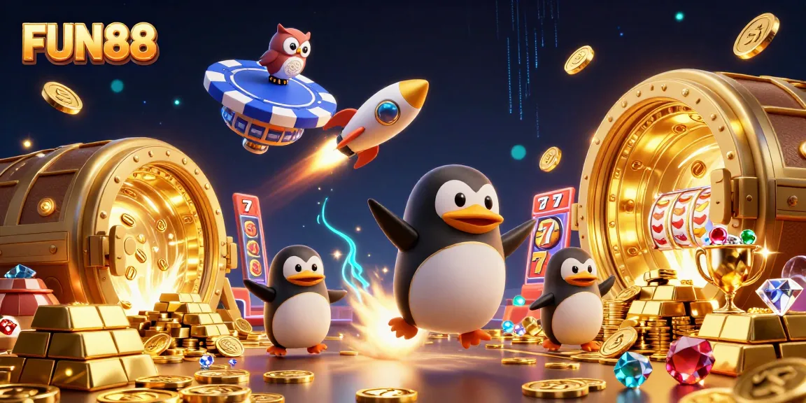 Join the FUN88 adventure with a golden penguin blasting through a vibrant casino space!