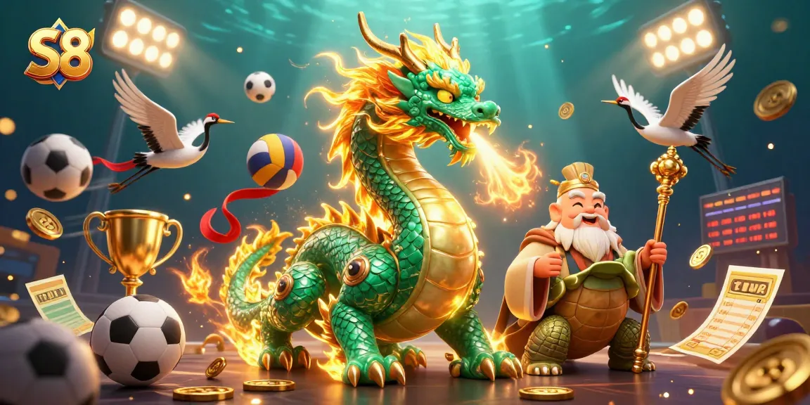 S8 casino scene featuring a jade dragon, cartoon sage, and lucky cranes amidst dynamic sports elements.