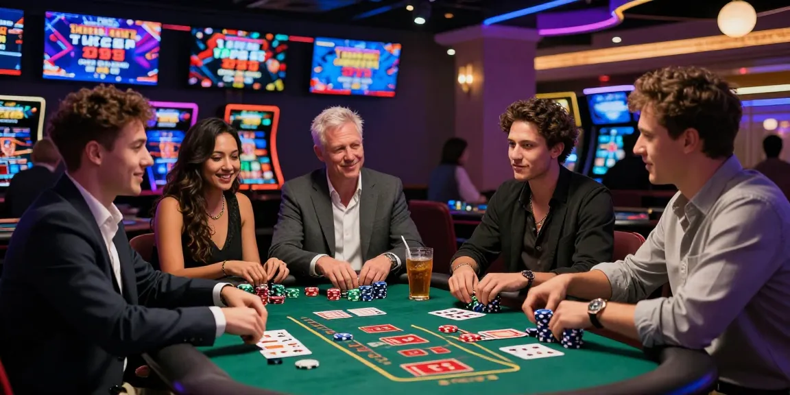 Engaging casino scene at https://lctltd.co.uk with diverse players at a blackjack table, vibrant atmosphere, exciting gaming energy.
